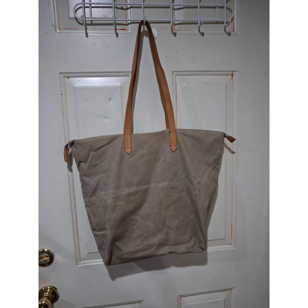 Hearth And Hand Magnolia Waxed Cotton Beach Tote Bag Leather Strap Lined EUC